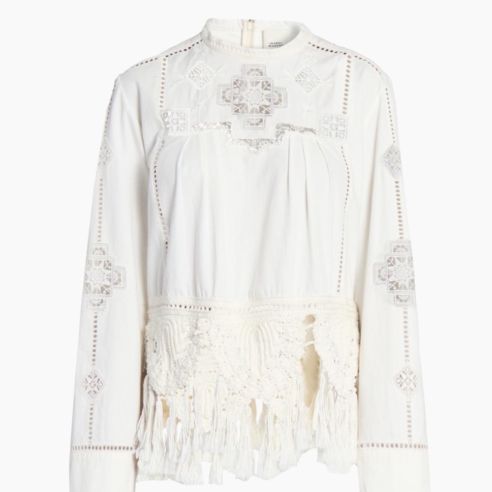 Isabel Marant Severine Crochet Fringe-Hem Long-Sleeve Blouse size 36 - Picture 8 of 8